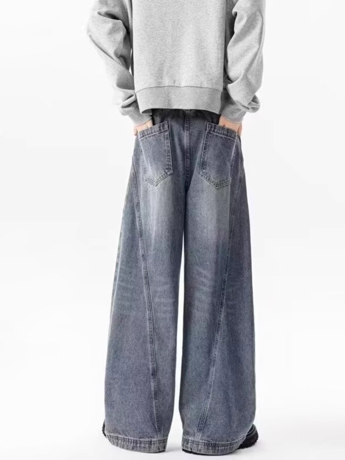 Wide-Leg Contrast Stitch Denim – Washed Blue