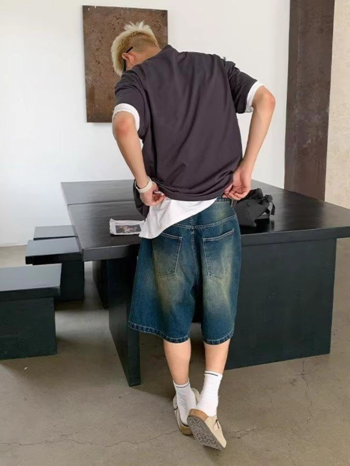 Dark Blue Vintage Wide-Leg Denim Jorts