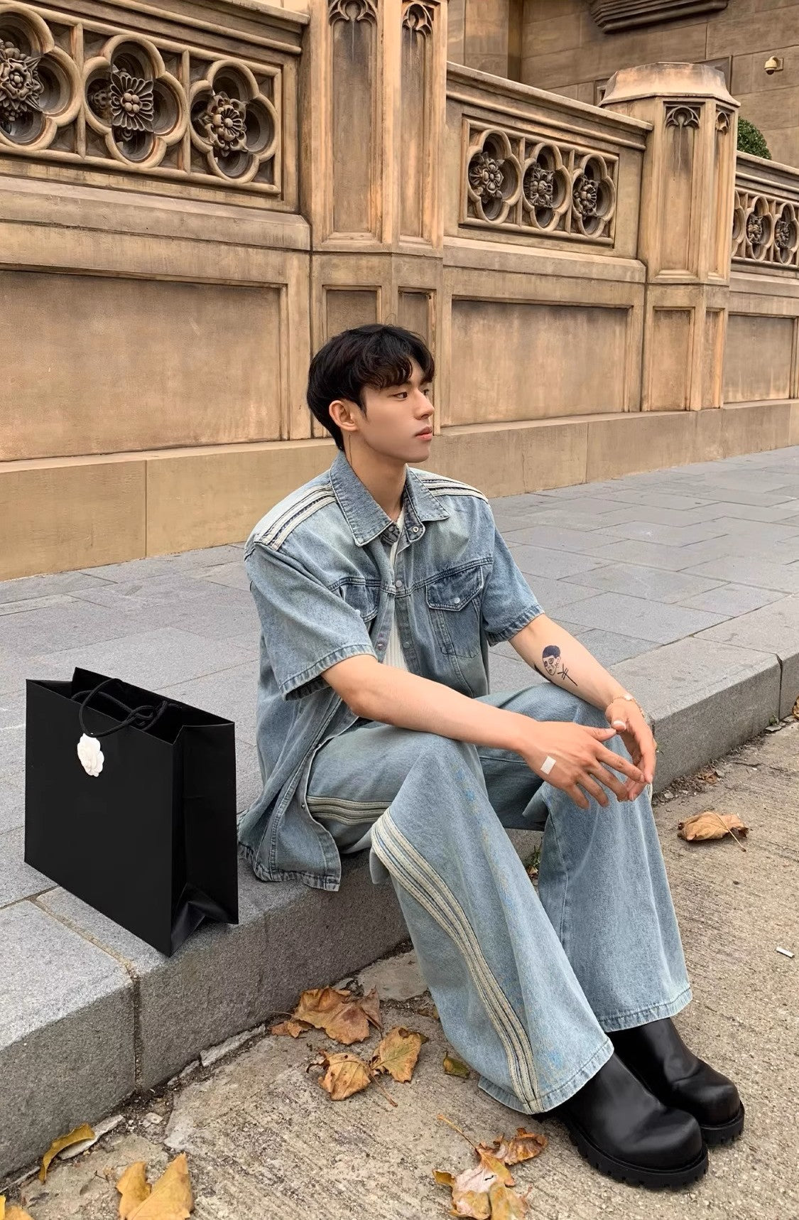 Triple Stripe Baggy Denim Pants – Washed Blue