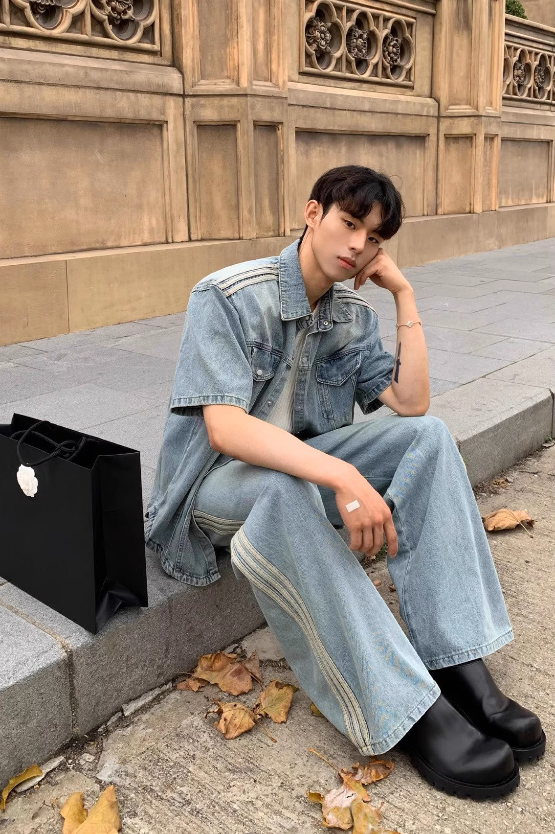 Triple Stripe Baggy Denim Pants – Washed Blue