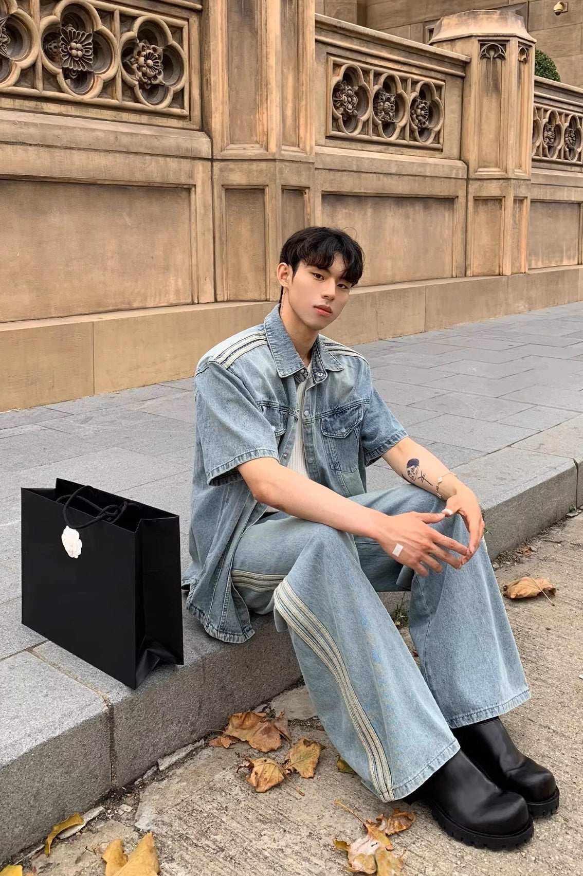 Triple Stripe Baggy Denim Pants – Washed Blue