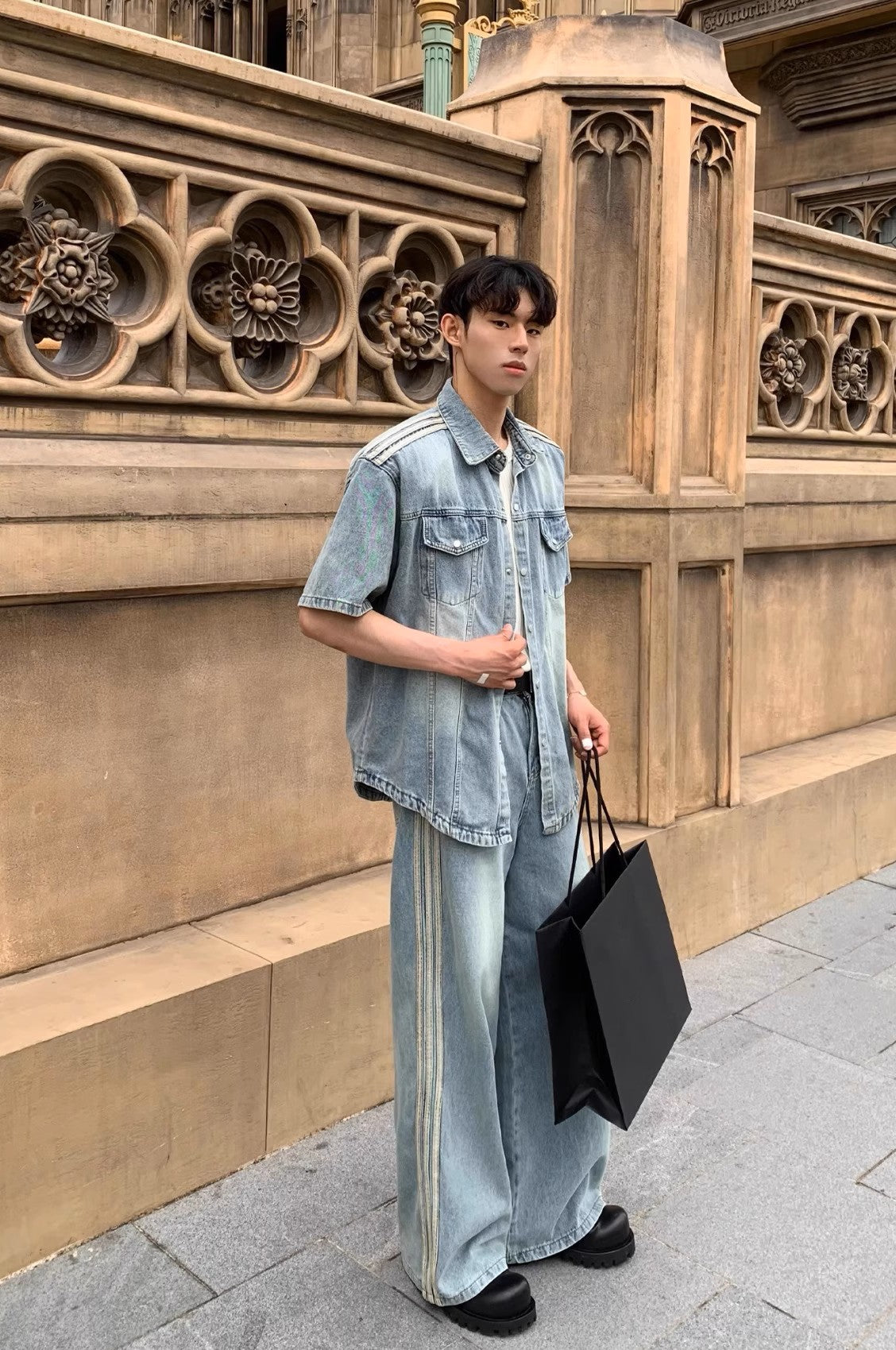 Triple Stripe Baggy Denim Pants – Washed Blue