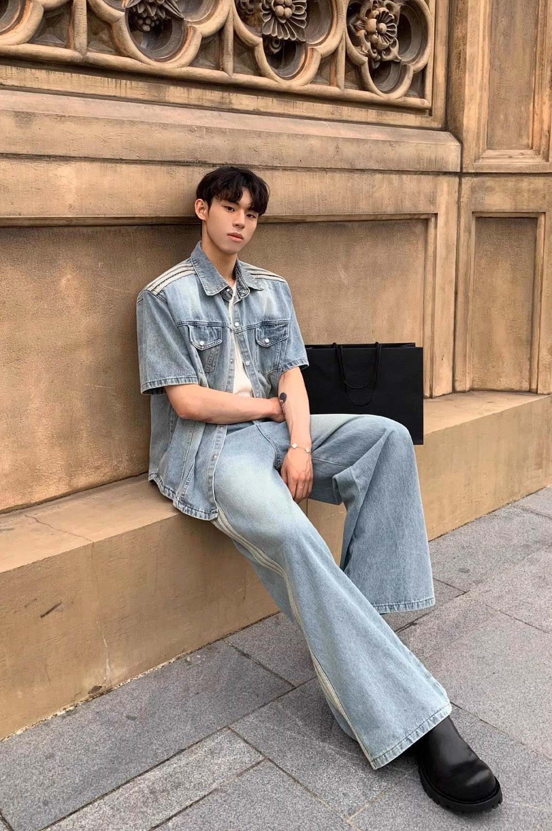 Triple Stripe Baggy Denim Pants – Washed Blue