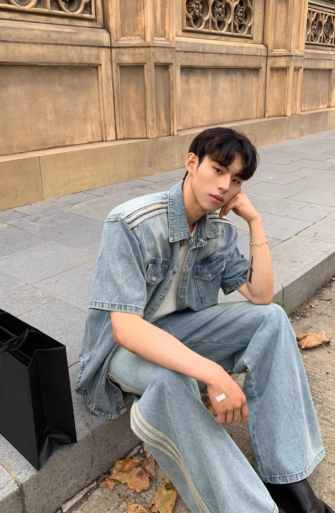 Triple Stripe Baggy Denim Pants – Washed Blue