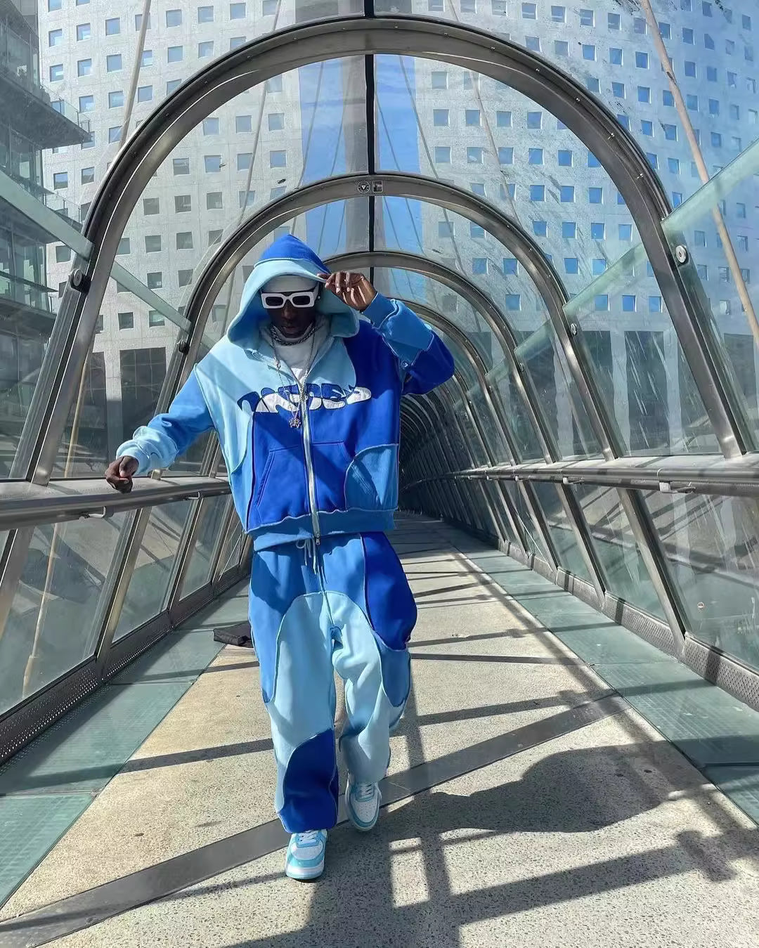 💧 “Sky Drip” Patchwork Tracksuit – Blue Fade