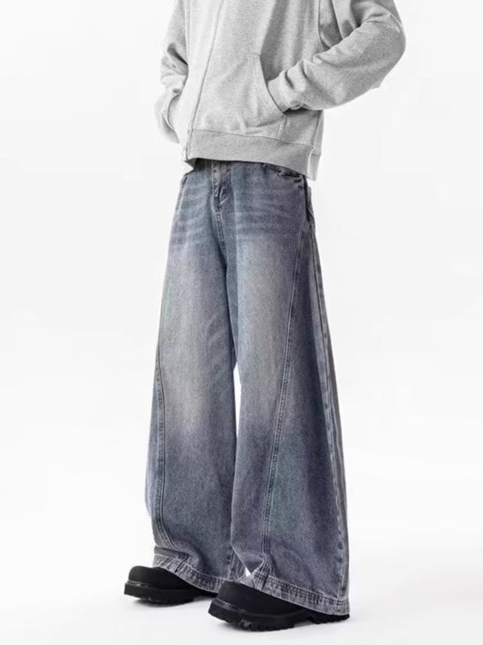 Wide-Leg Contrast Stitch Denim – Washed Blue