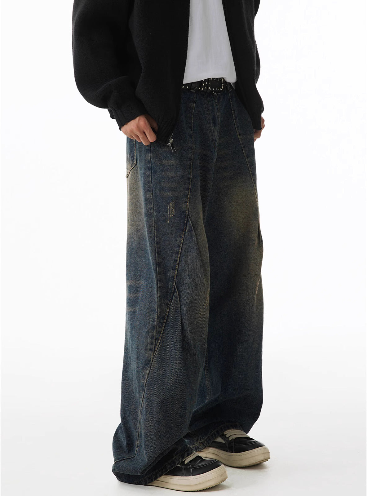 Washed Crinkle Panel Jeans – Baggy Cut