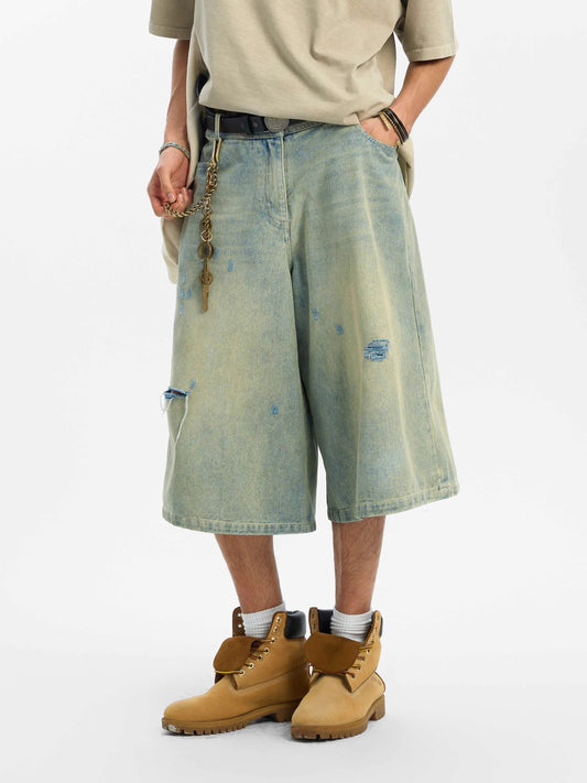 Grunge-Washed Baggy Cut-Off Skater Jorts – Faded Moss
