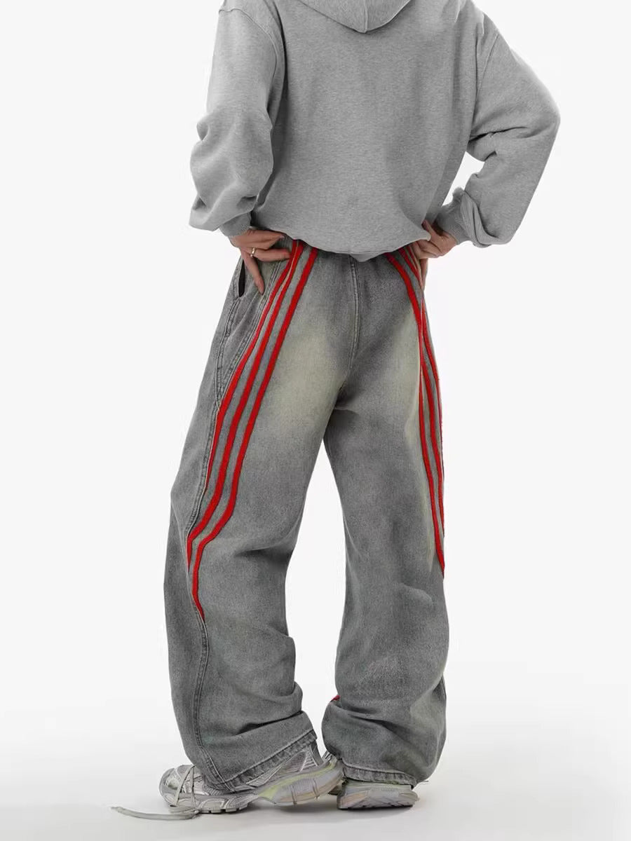 Washed Grey Baggy Denim with Triple Red Stripe