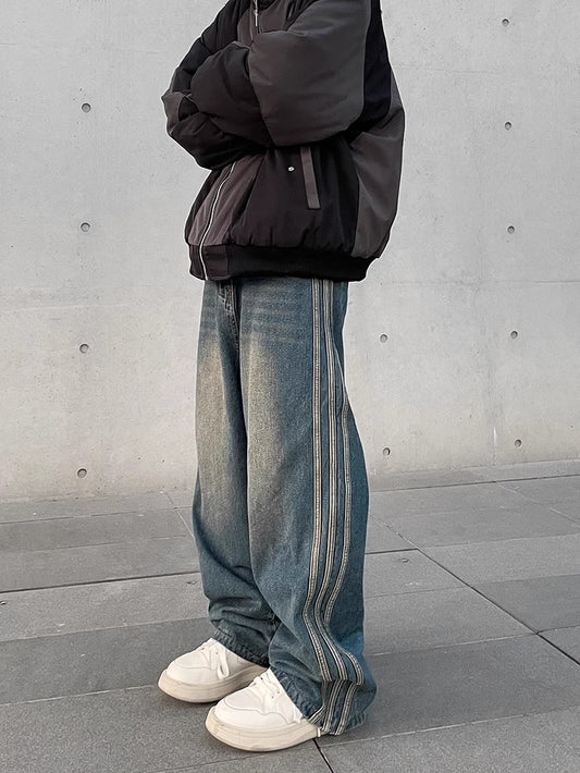 Triple Stripe Baggy Denim Pants – Washed Indigo