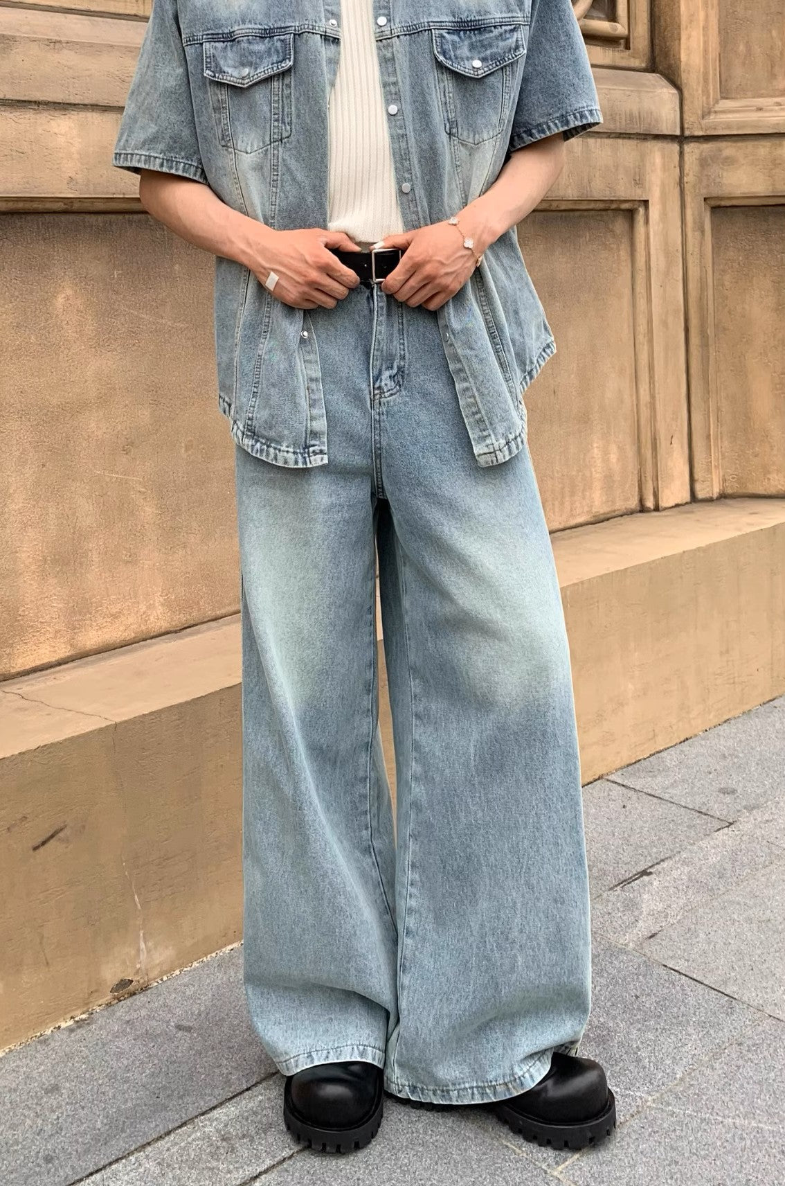 Triple Stripe Baggy Denim Pants – Washed Blue