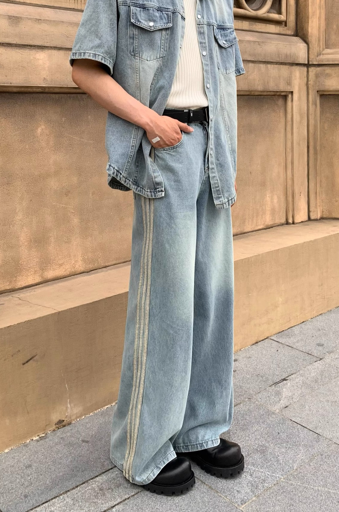 Triple Stripe Baggy Denim Pants – Washed Blue