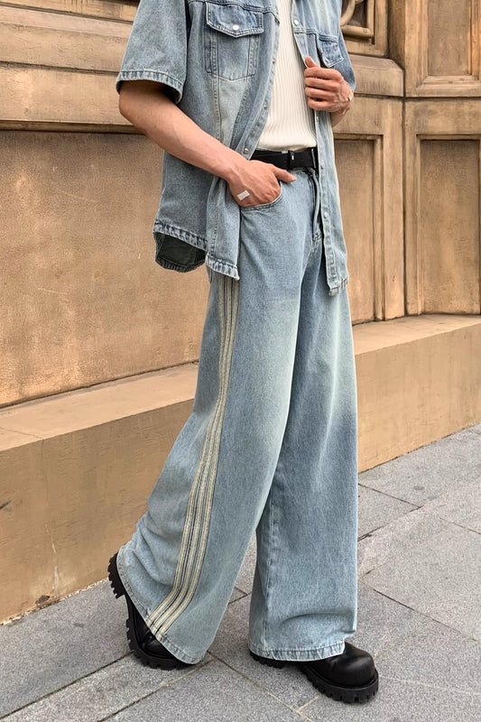 Triple Stripe Baggy Denim Pants – Washed Blue