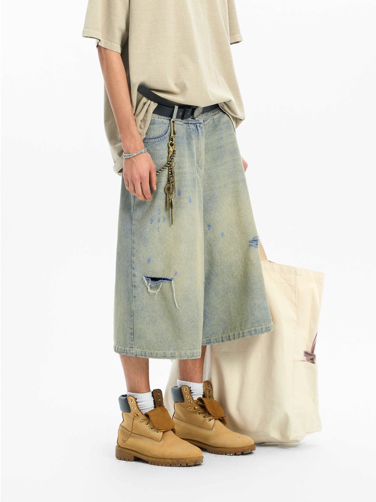 Grunge-Washed Baggy Cut-Off Skater Jorts – Faded Moss