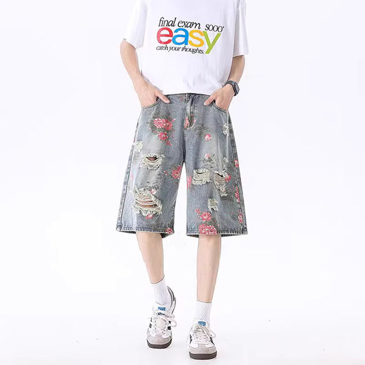 Destroyed Floral Washed Denim Jorts