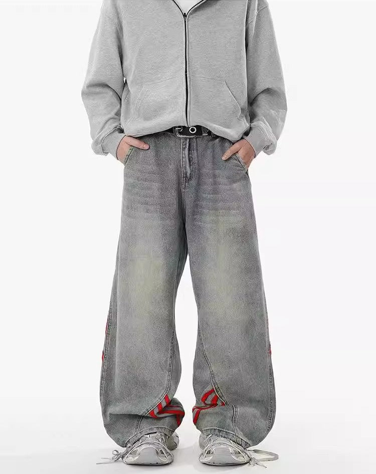 Washed Grey Baggy Denim with Triple Red Stripe