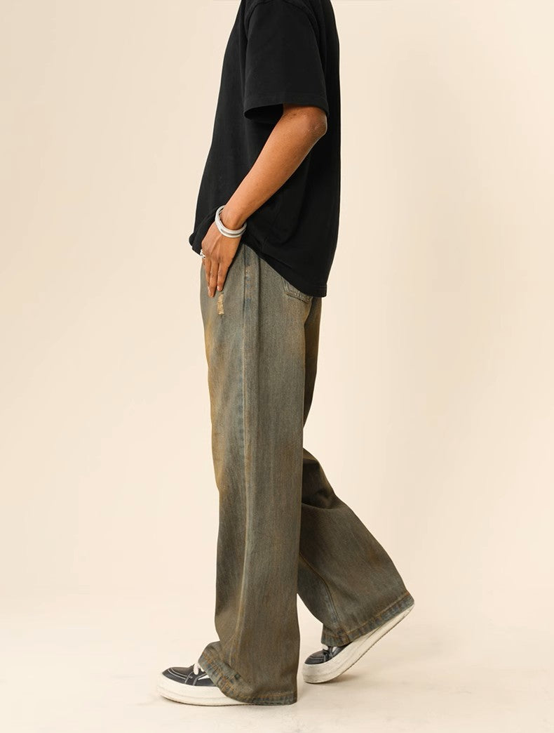 Retro Washed and Dirty Brown Denim