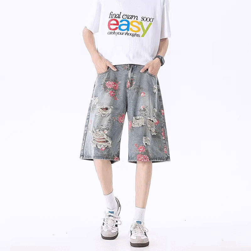 Destroyed Floral Washed Denim Jorts