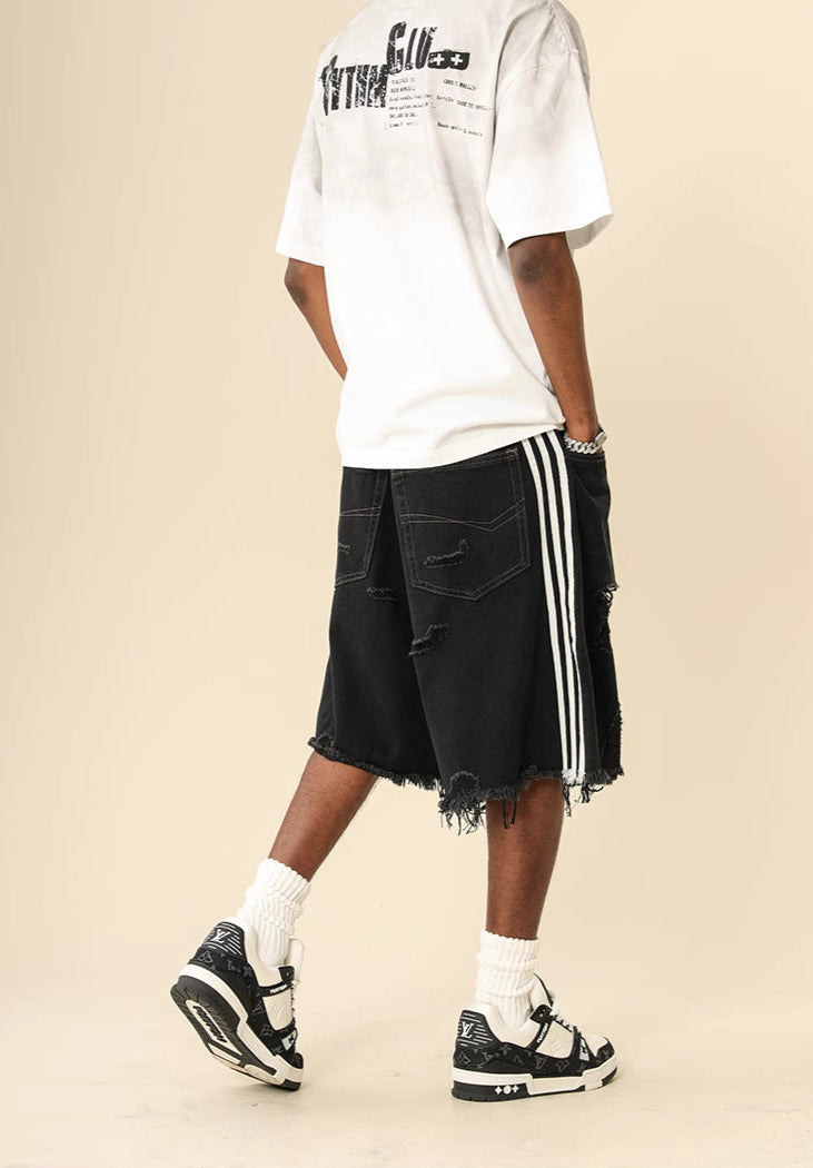 Triple Stripe Raw-Cut Baggy Jorts