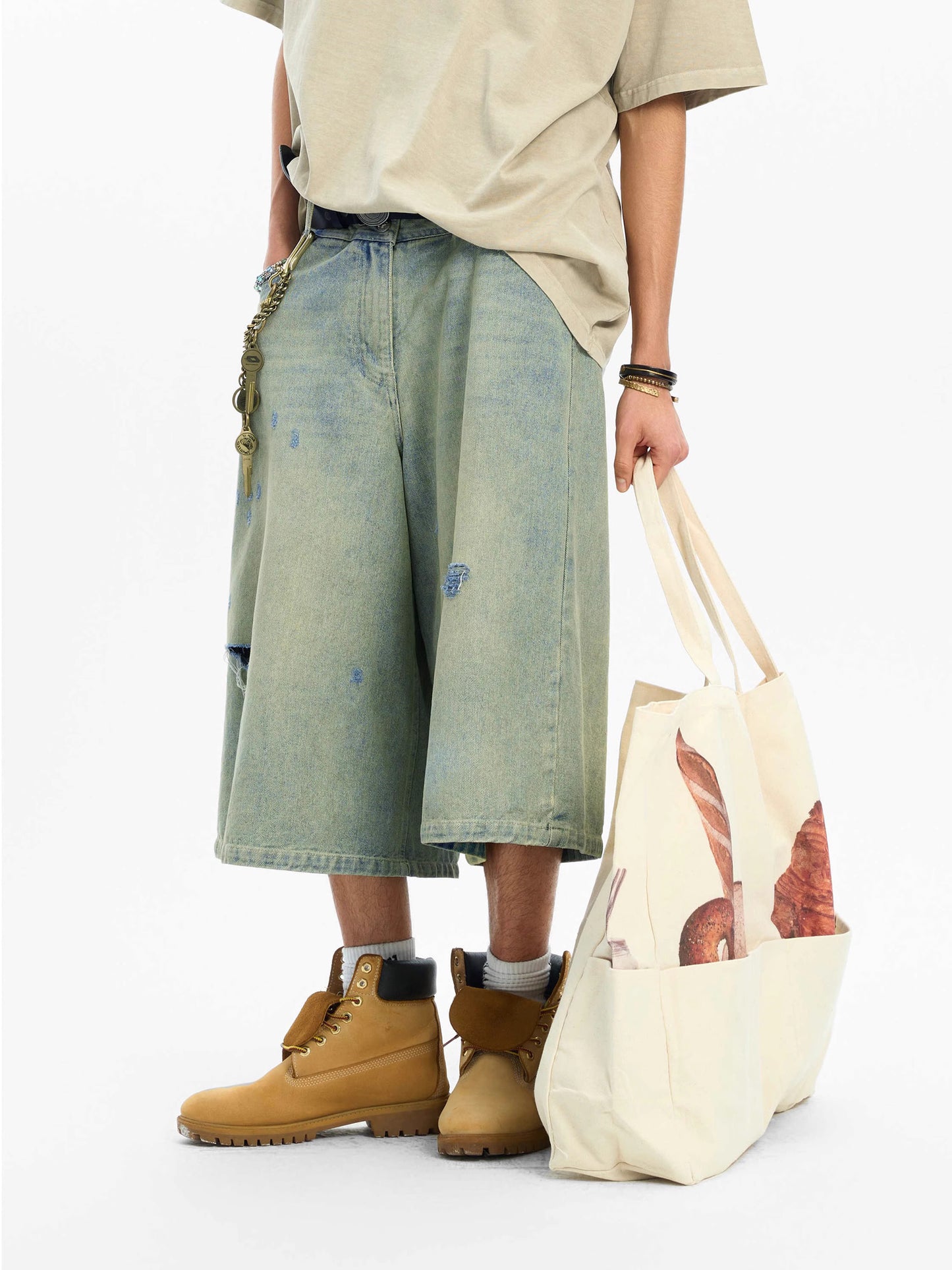 Grunge-Washed Baggy Cut-Off Skater Jorts – Faded Moss