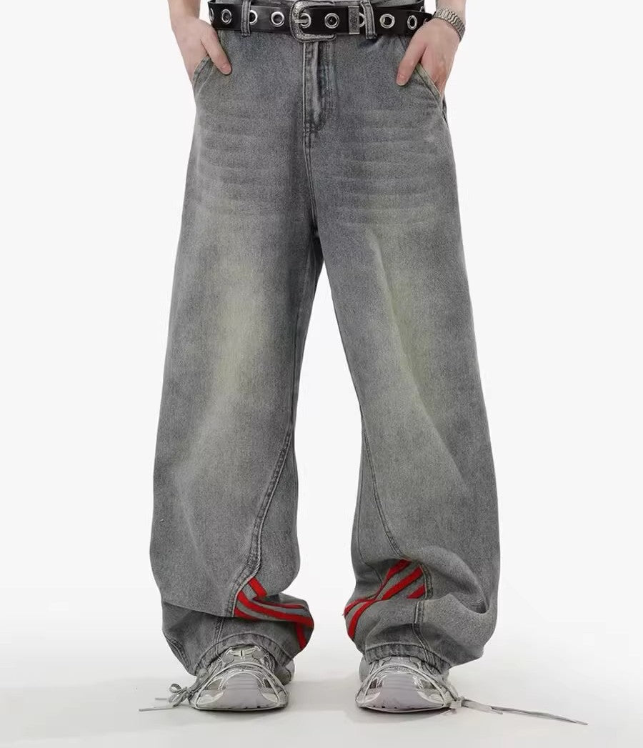 Washed Grey Baggy Denim with Triple Red Stripe