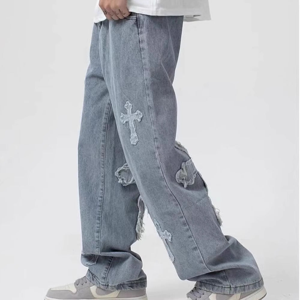 Baggy Cross-Patch Denim – Streetwear Statement Jeans