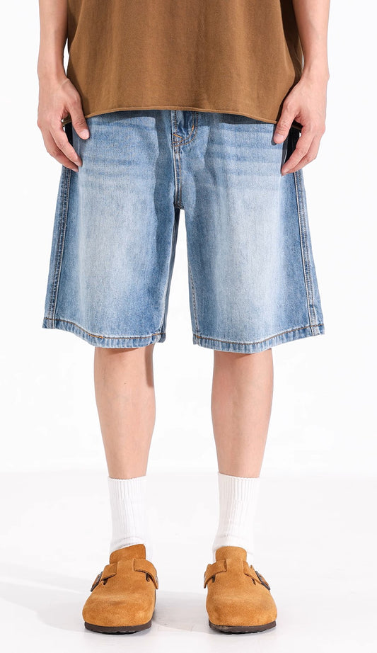 Light Blue Wide-Leg Denim Shorts