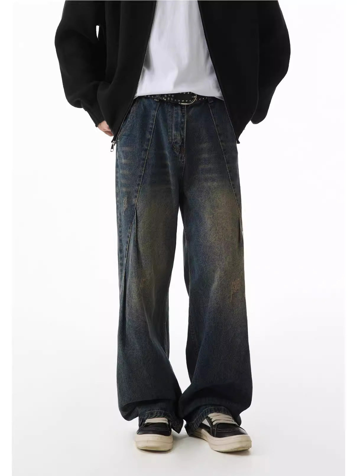 Washed Crinkle Panel Jeans – Baggy Cut