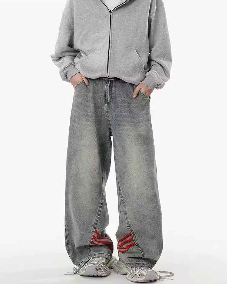 Washed Grey Baggy Denim with Triple Red Stripe
