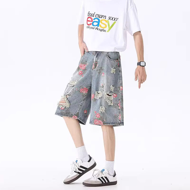 Destroyed Floral Washed Denim Jorts