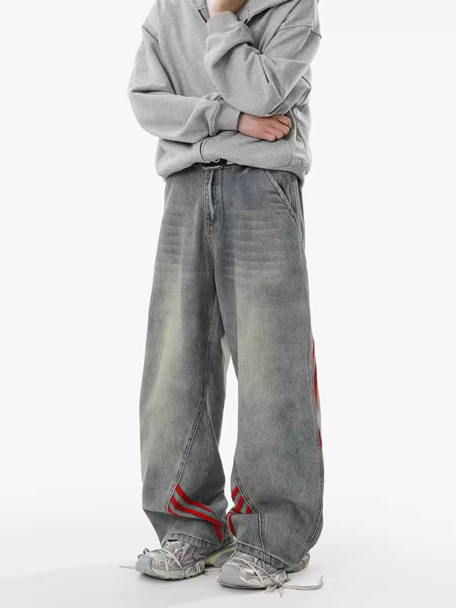 Washed Grey Baggy Denim with Triple Red Stripe