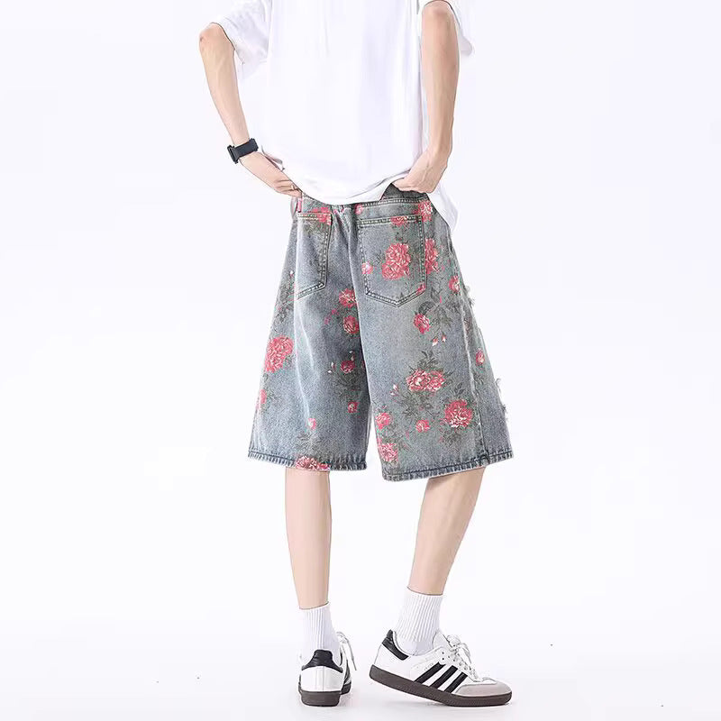 Destroyed Floral Washed Denim Jorts