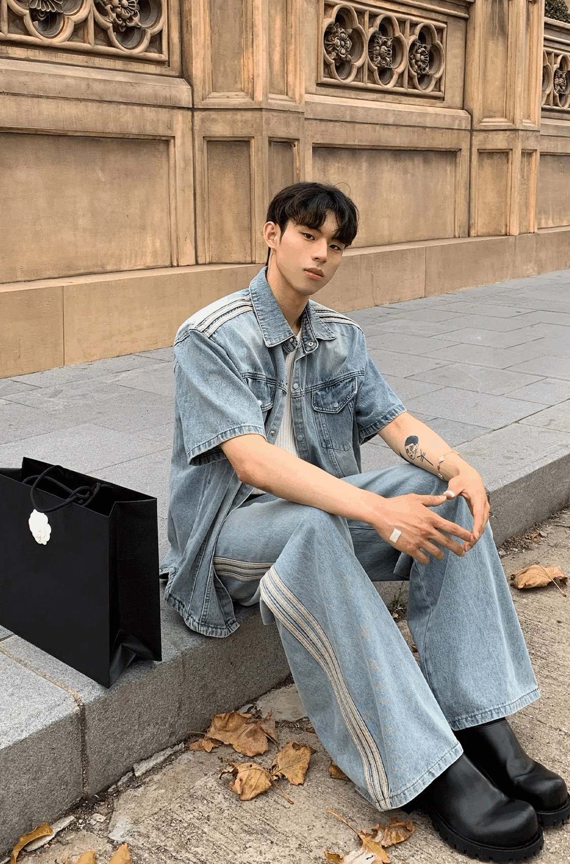 Triple Stripe Baggy Denim Pants – Washed Blue