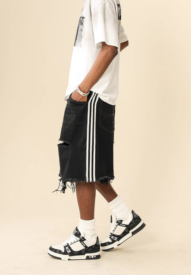 Triple Stripe Raw-Cut Baggy Jorts