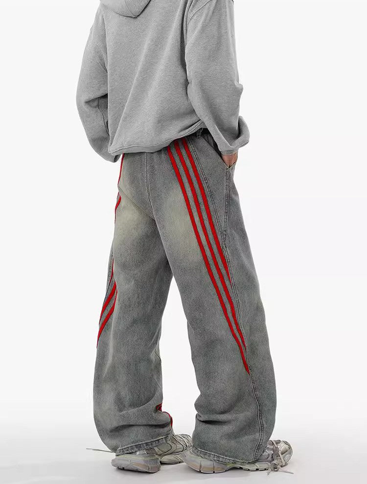 Washed Grey Baggy Denim with Triple Red Stripe