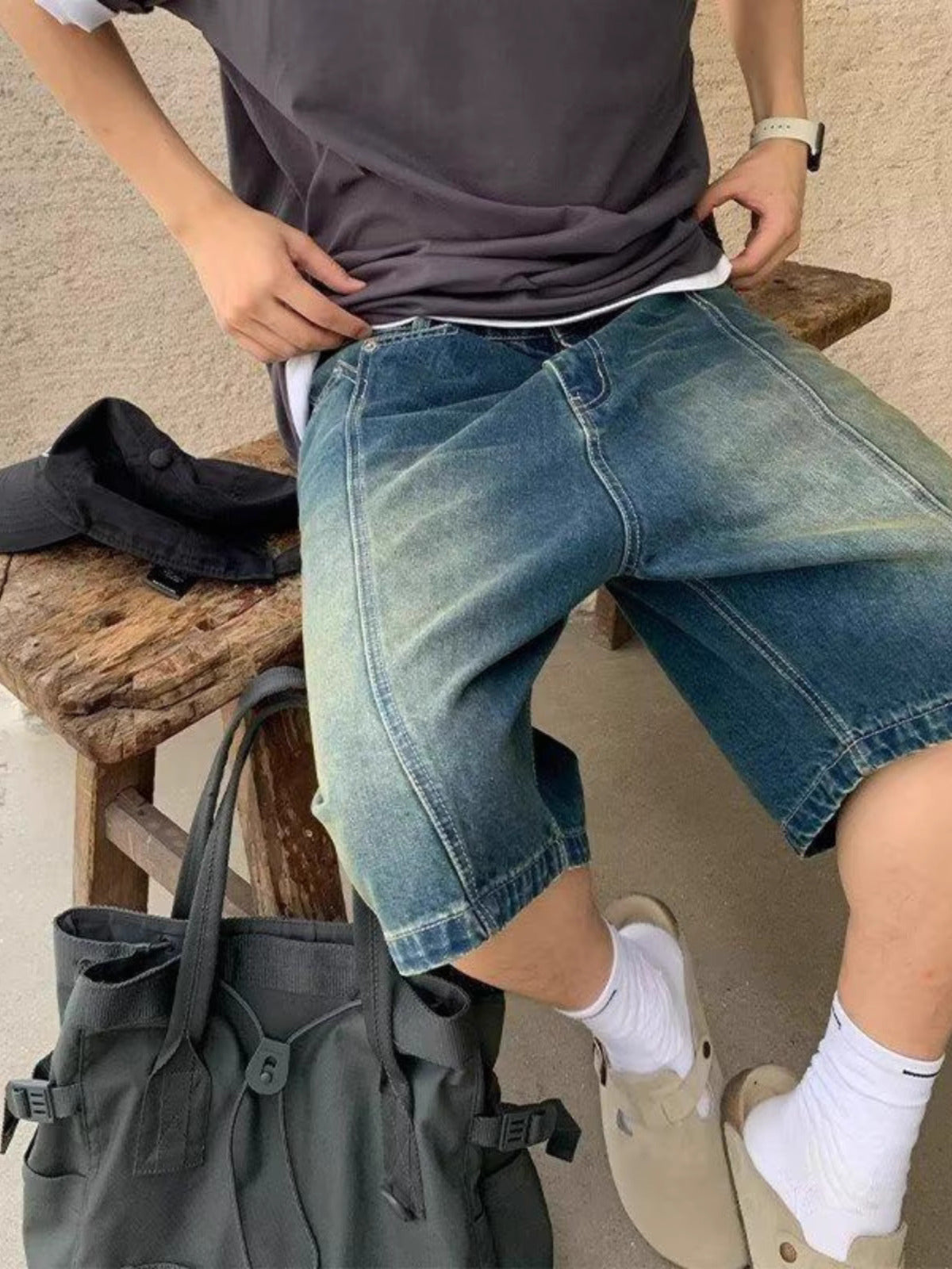 Dark Blue Vintage Wide-Leg Denim Jorts