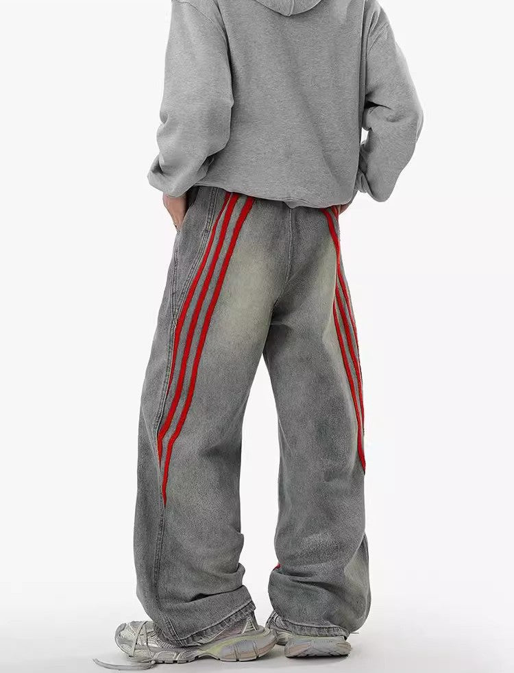 Washed Grey Baggy Denim with Triple Red Stripe