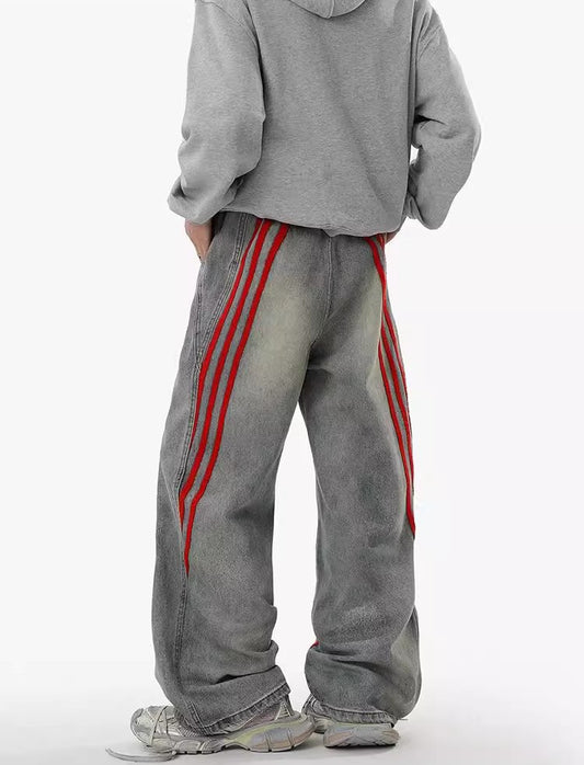 Washed Grey Baggy Denim with Triple Red Stripe
