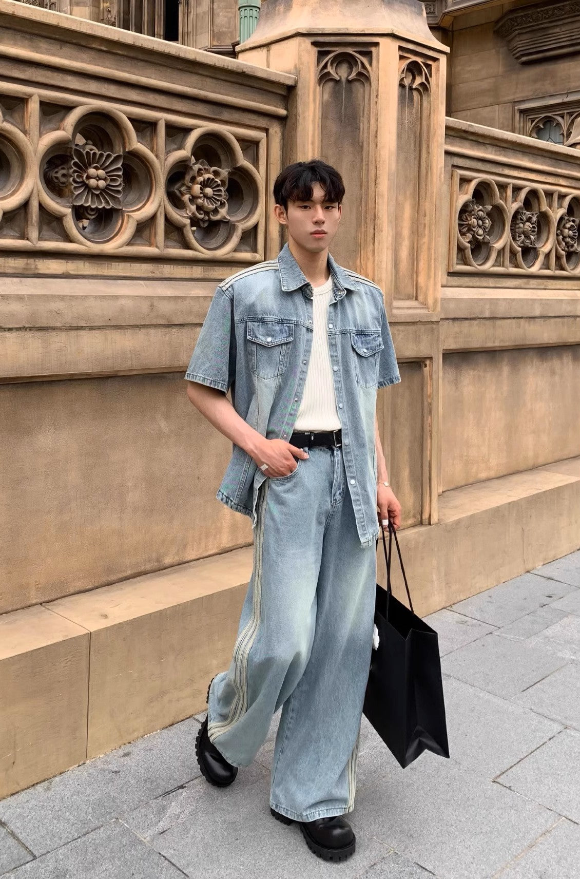 Triple Stripe Baggy Denim Pants – Washed Blue