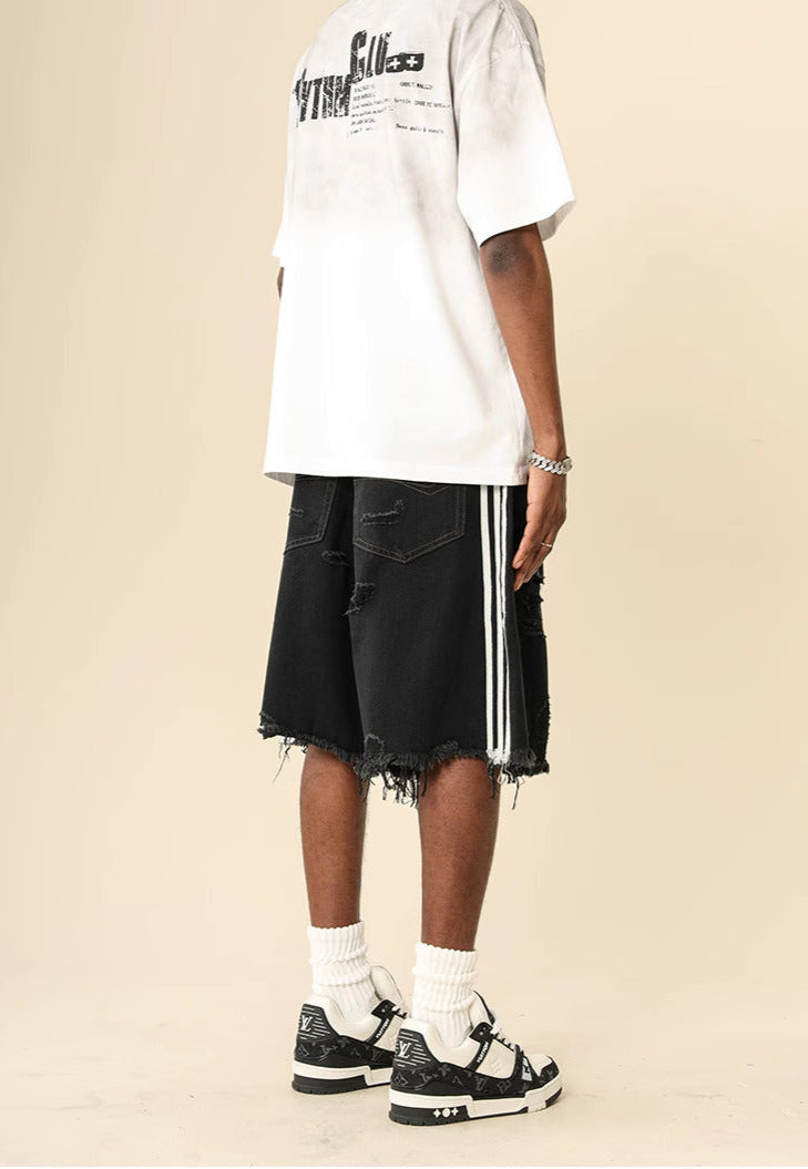 Triple Stripe Raw-Cut Baggy Jorts