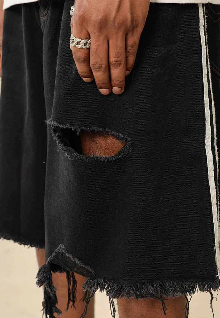 Triple Stripe Raw-Cut Baggy Jorts