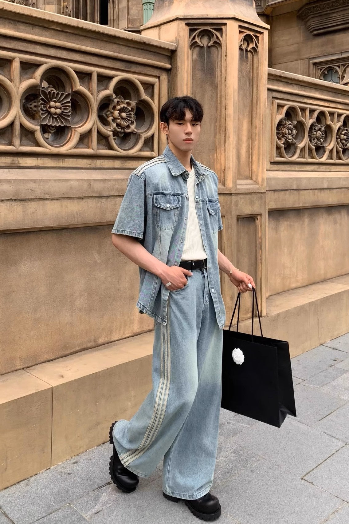 Triple Stripe Baggy Denim Pants – Washed Blue