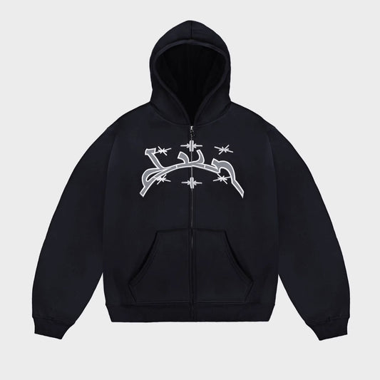 ✨“Barbed Type Zipper Hoodie – Midnight Black”