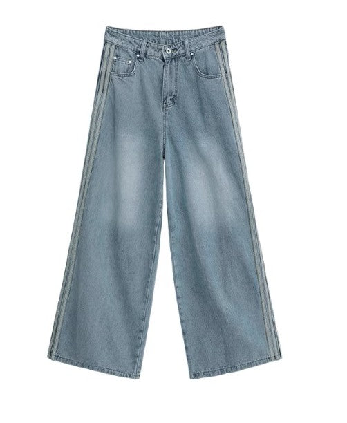 Triple Stripe Baggy Denim Pants – Washed Blue