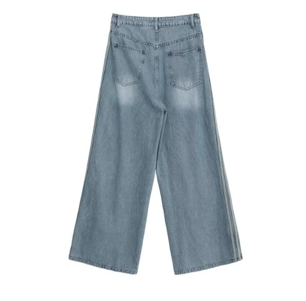 Triple Stripe Baggy Denim Pants – Washed Blue