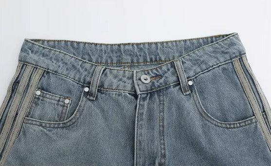 Triple Stripe Baggy Denim Pants – Washed Blue
