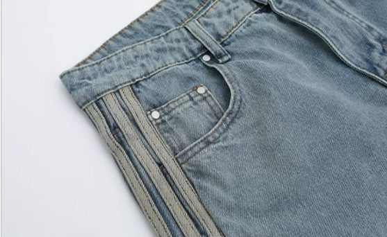 Triple Stripe Baggy Denim Pants – Washed Blue