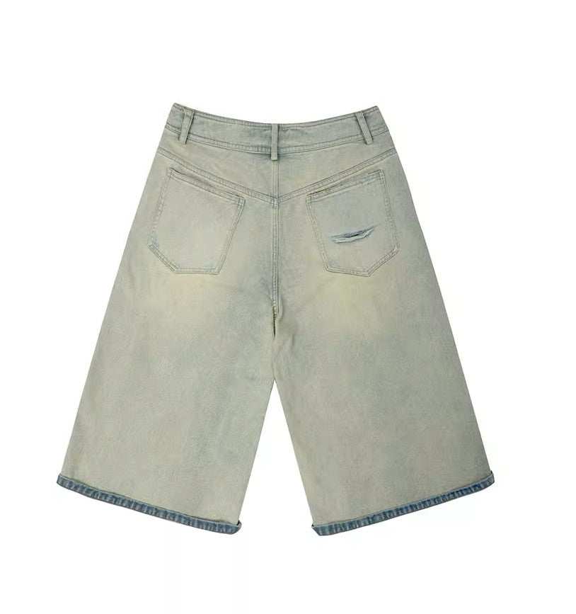 Grunge-Washed Baggy Cut-Off Skater Jorts – Faded Moss