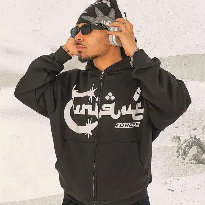 “Arabic Type Zipper Hoodie – Desert Black/Brown”