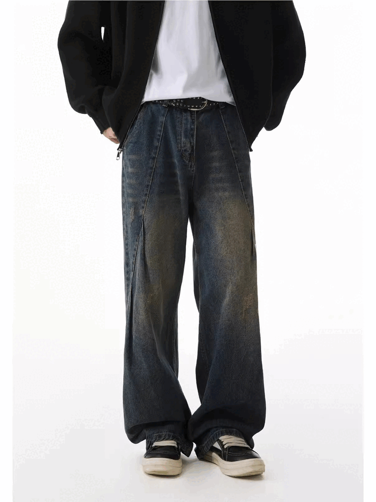 Washed Crinkle Panel Jeans – Baggy Cut